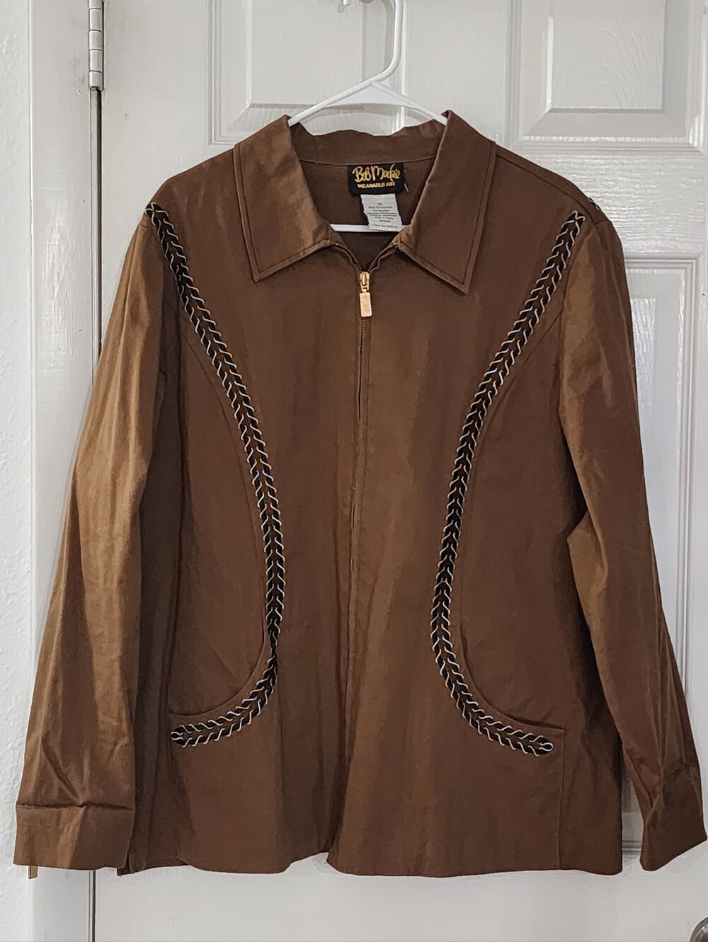 Bob Mackie Wearable Art Western Jacket XL Brown Braided Trim Full Zip Y2K